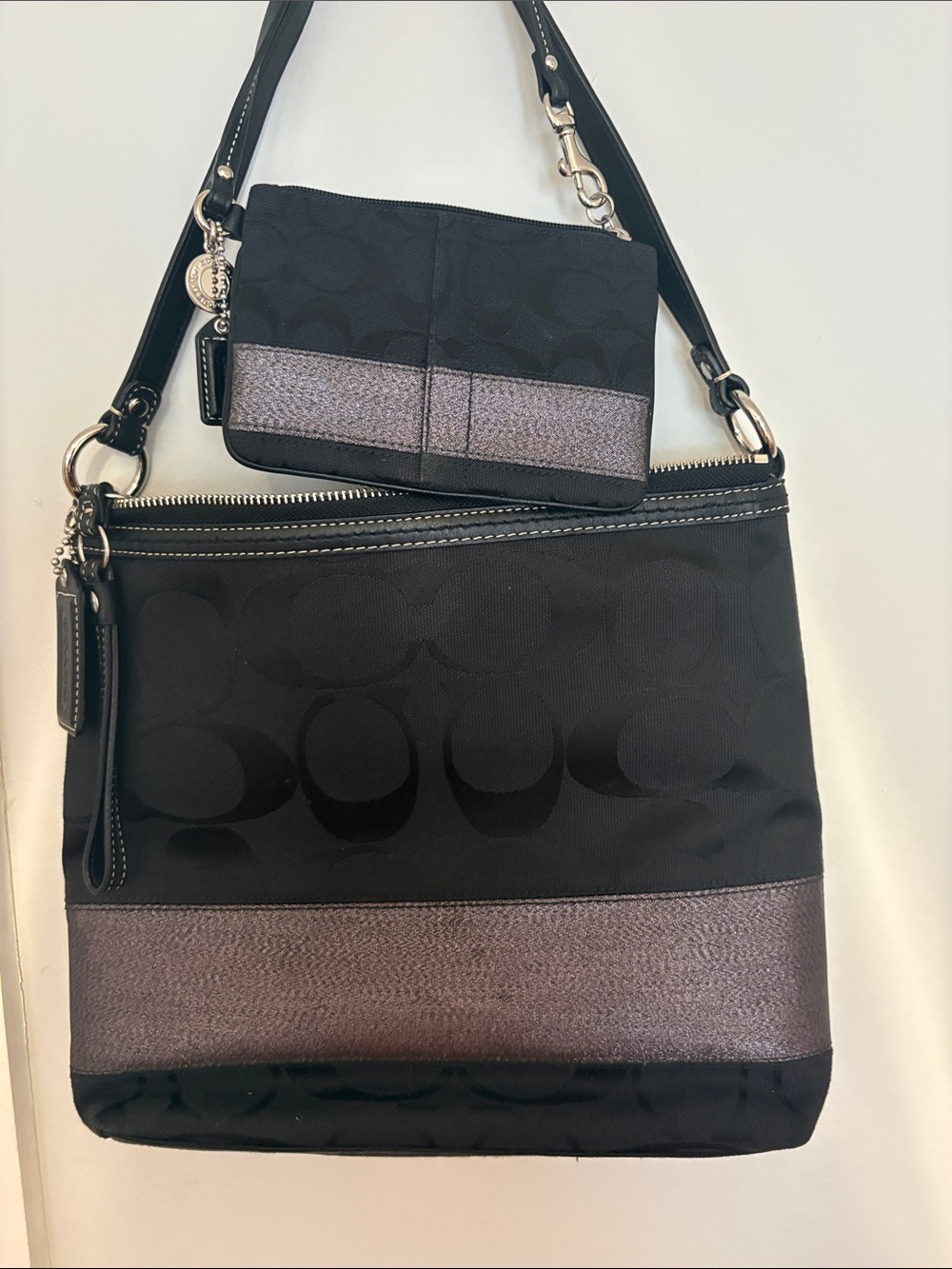 Coach Black Shoulder Bag with Metallic Gray Band and legacy wristlet Pouch